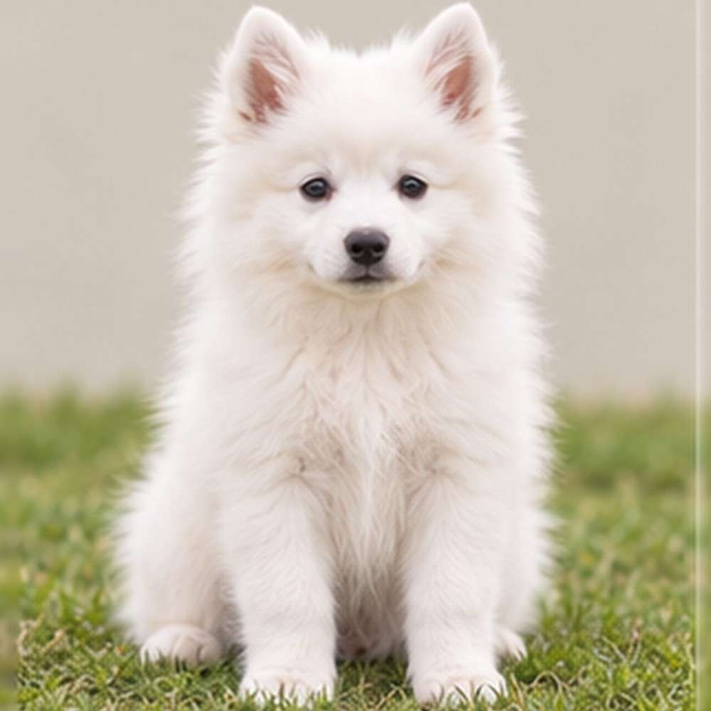 Fluffy white dog with a thick coat, standing alert on grass