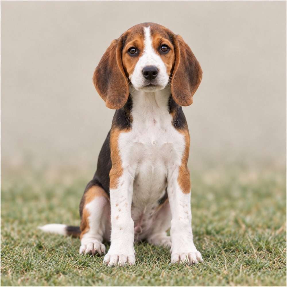 Sleek, tan and white dog standing alert in a grassy field