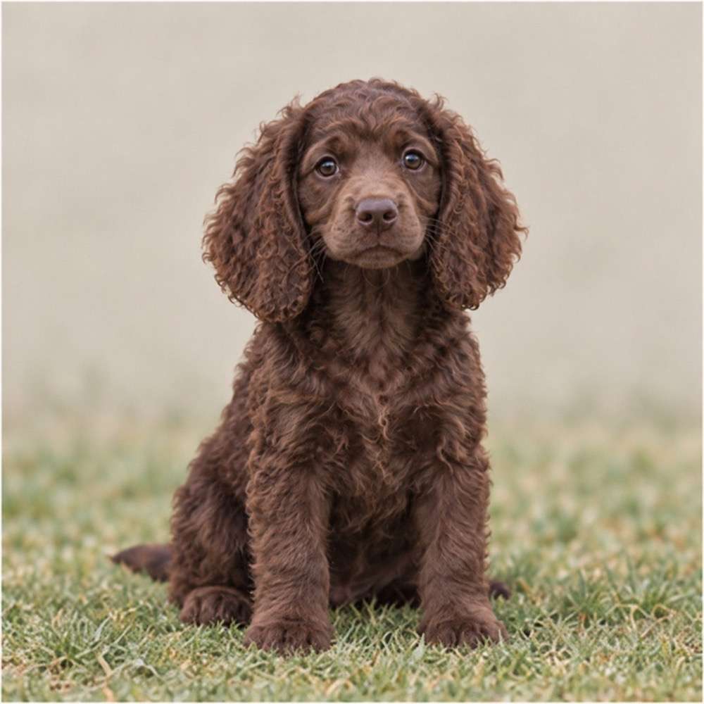 Brown, curly-coated dog sitting confidently with alert expression and wagging tail