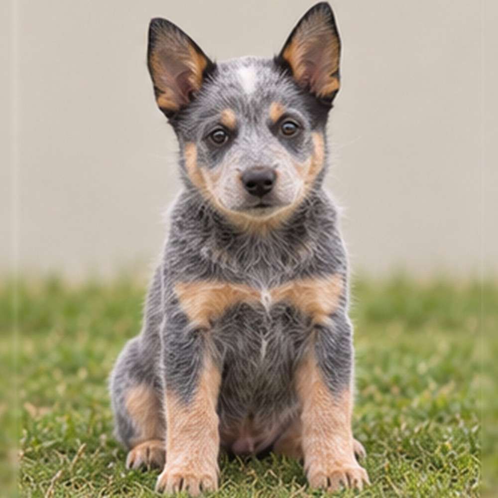 Blue and red speckled coat, alert posture, happy expression, standing on grass