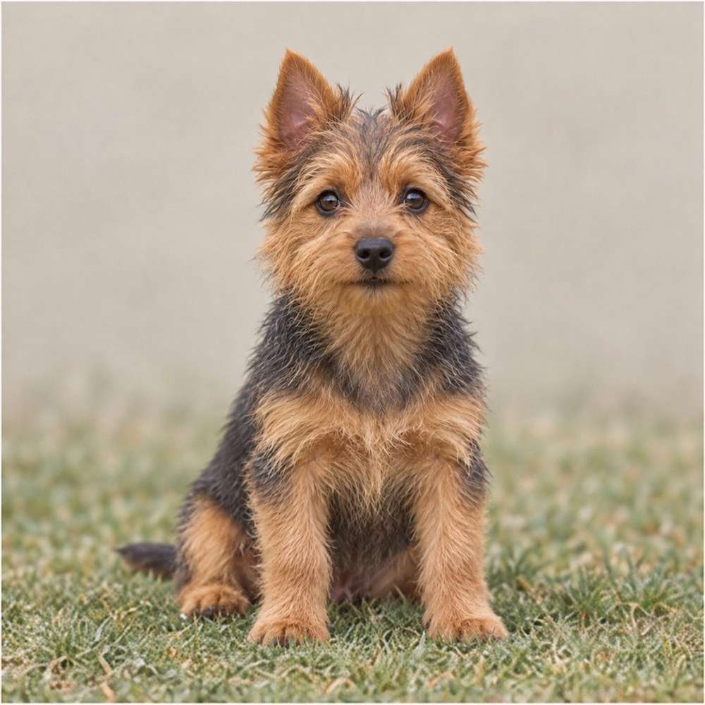 Small, wiry dog with a rough, tan coat and erect ears