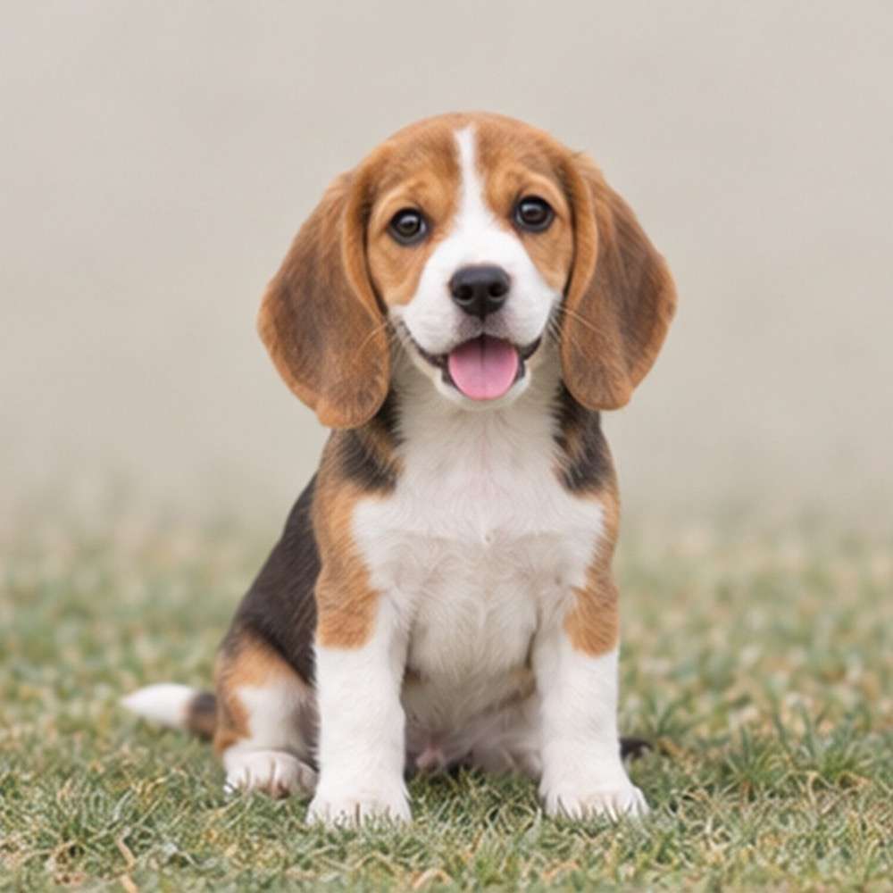 Brown and white beagle with floppy ears, sitting happily outdoors