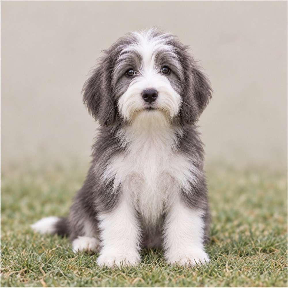 Fluffy, long-haired dog with a multi-colored coat, standing alert in grass