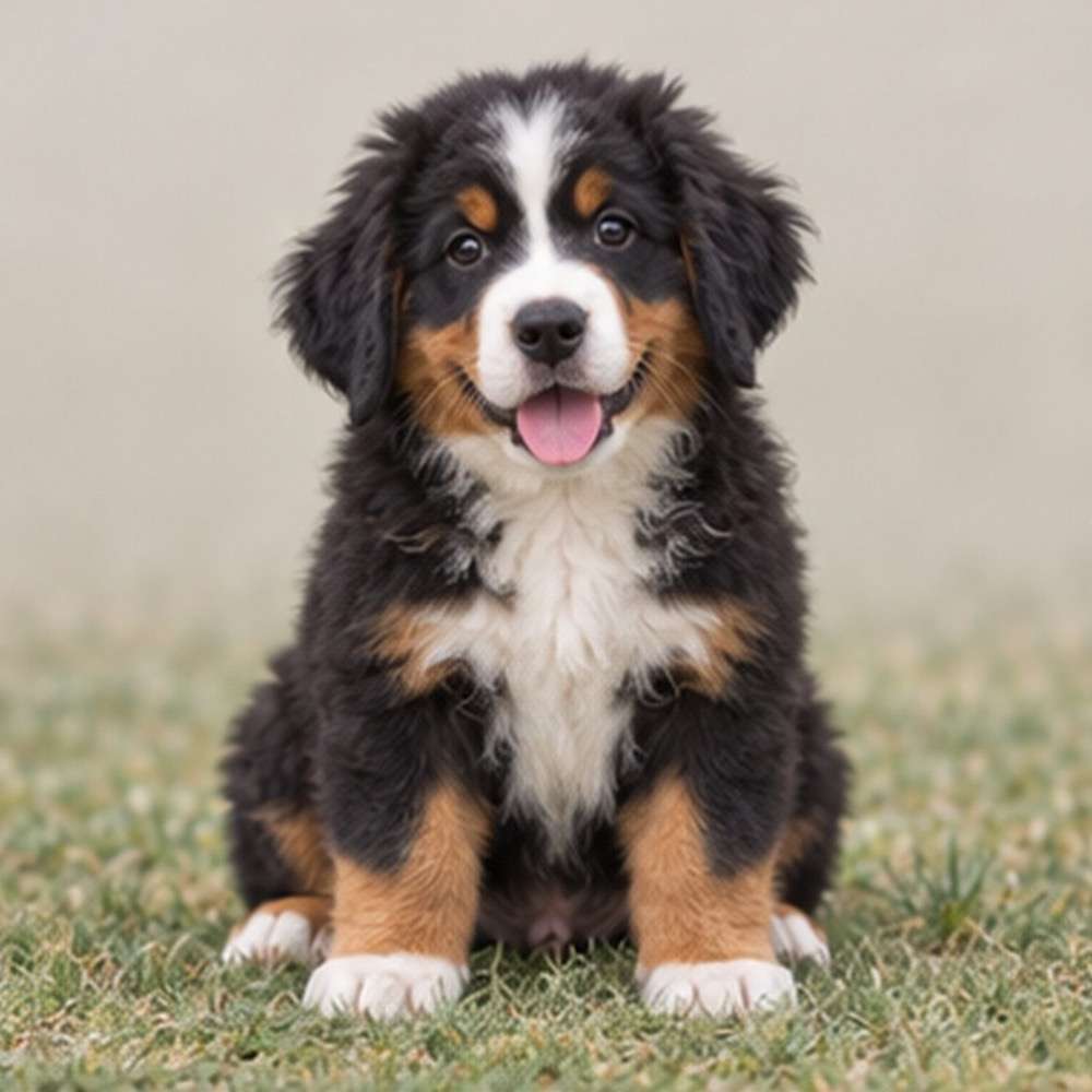 Large, fluffy dog with a tricolor coat, sitting proudly outdoors