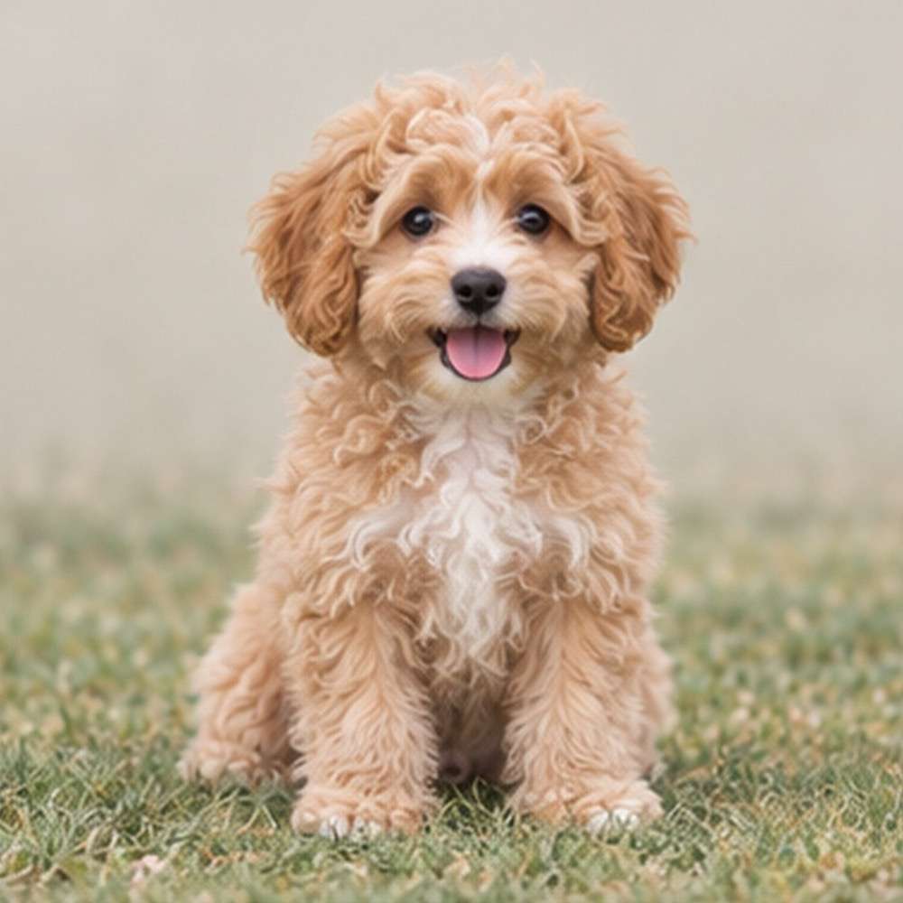 Fluffy white coat with curly fur, playful posture and bright eyes