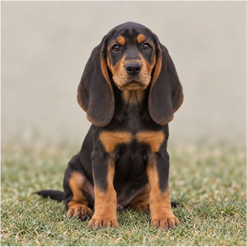 Large black and tan dog with floppy ears and a focused expression