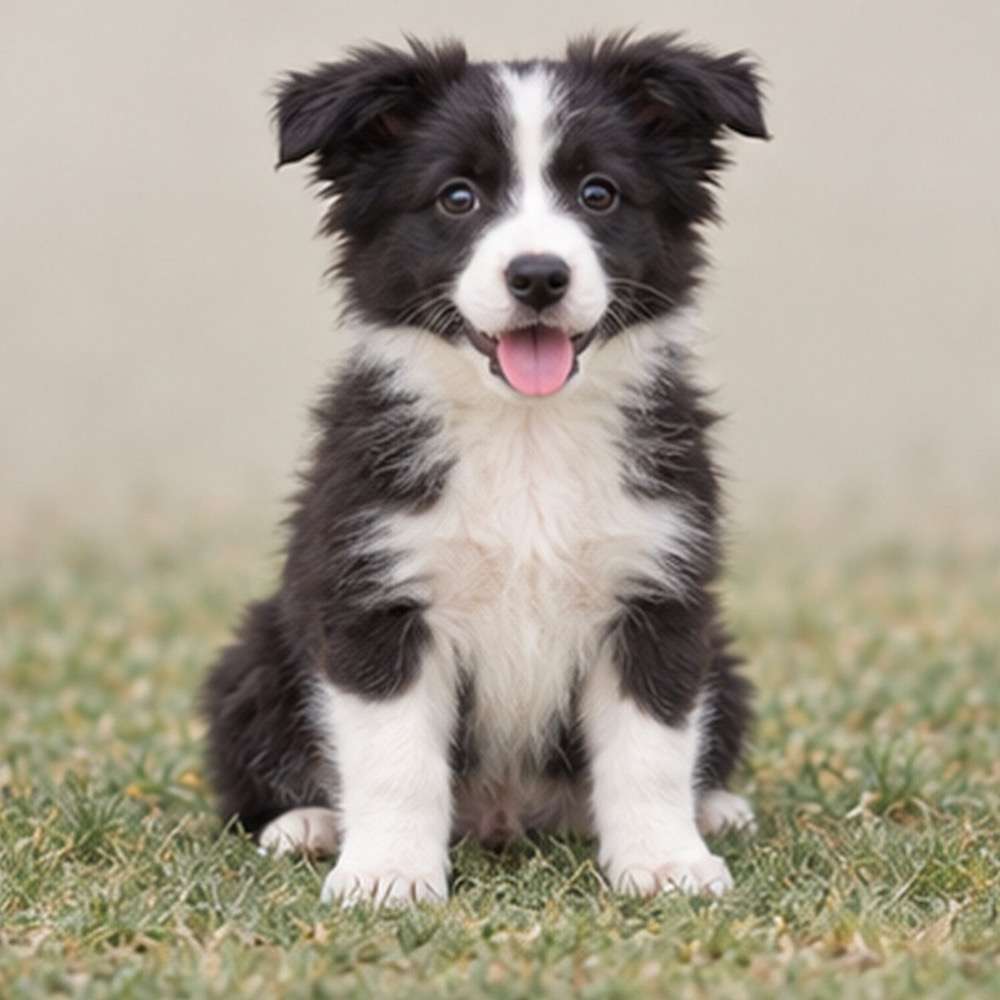 Black and white Border Collie sitting attentively on green grass