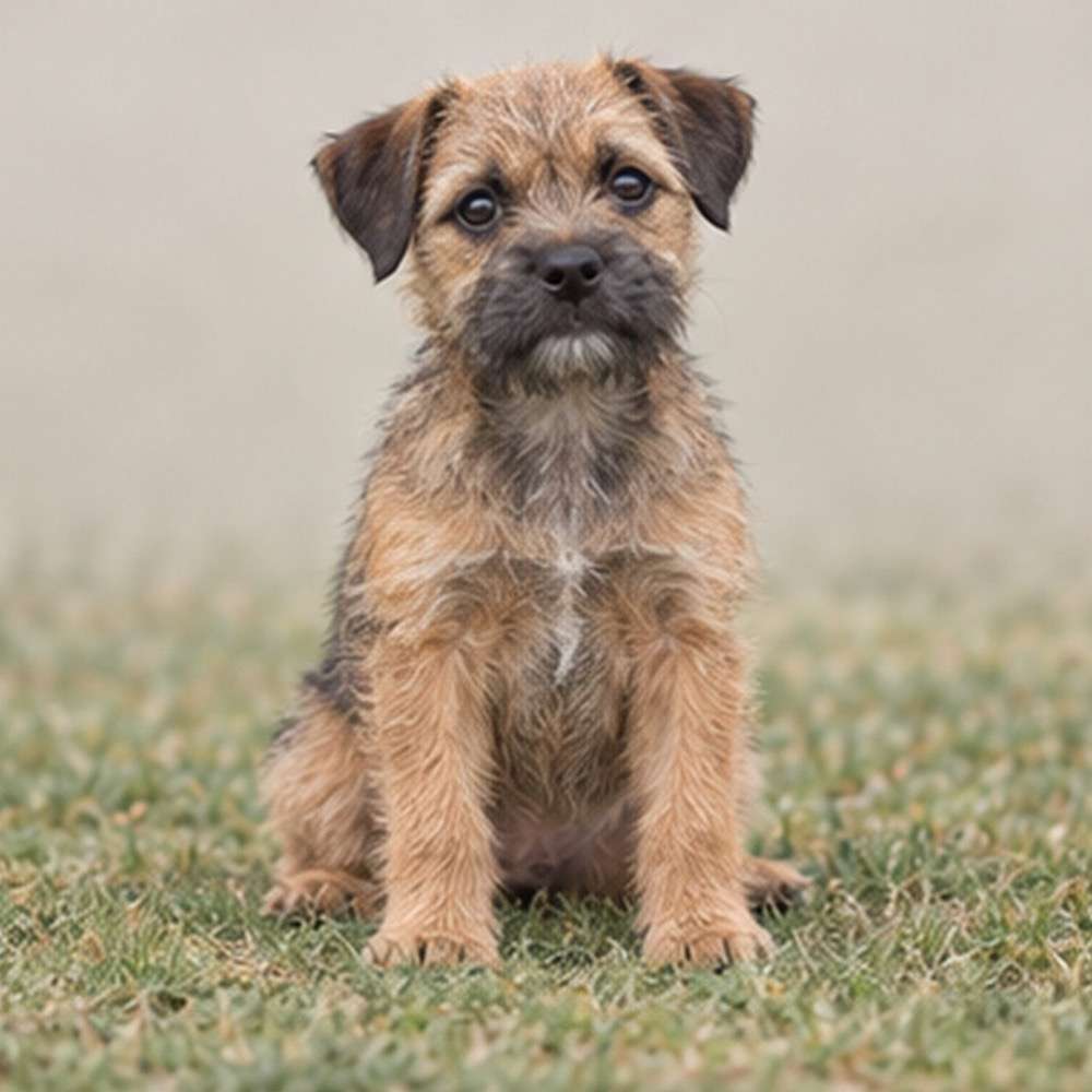 Small, wiry dog with a rough, tan coat, standing alert in grass