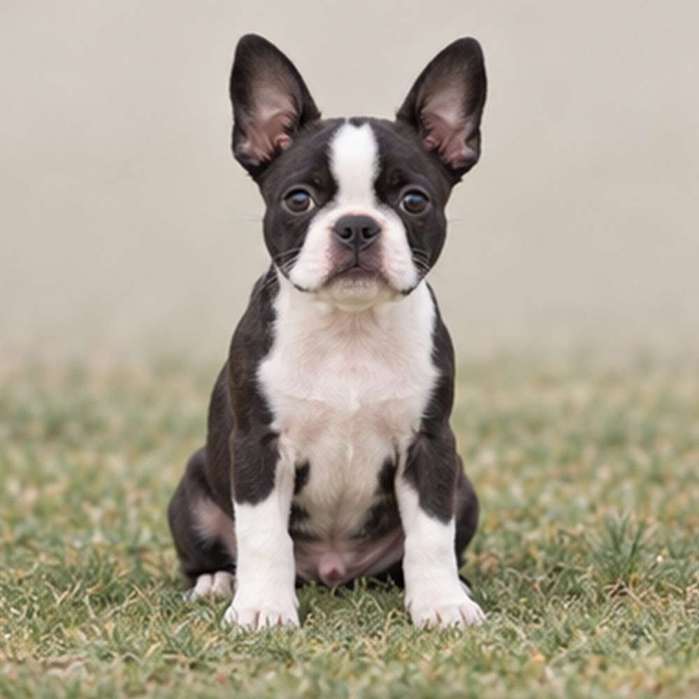 Black and white Boston Terrier standing proudly, short coat, alert expression