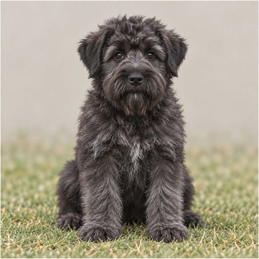 Large, shaggy black and brindle dog standing proudly on grass