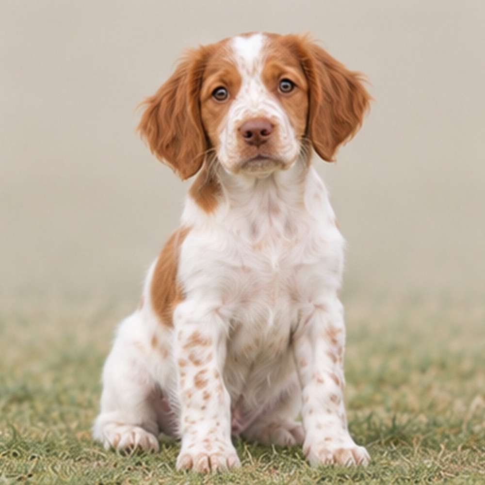 Light orange and white dog with a dense, wavy coat, standing alert in a grassy field