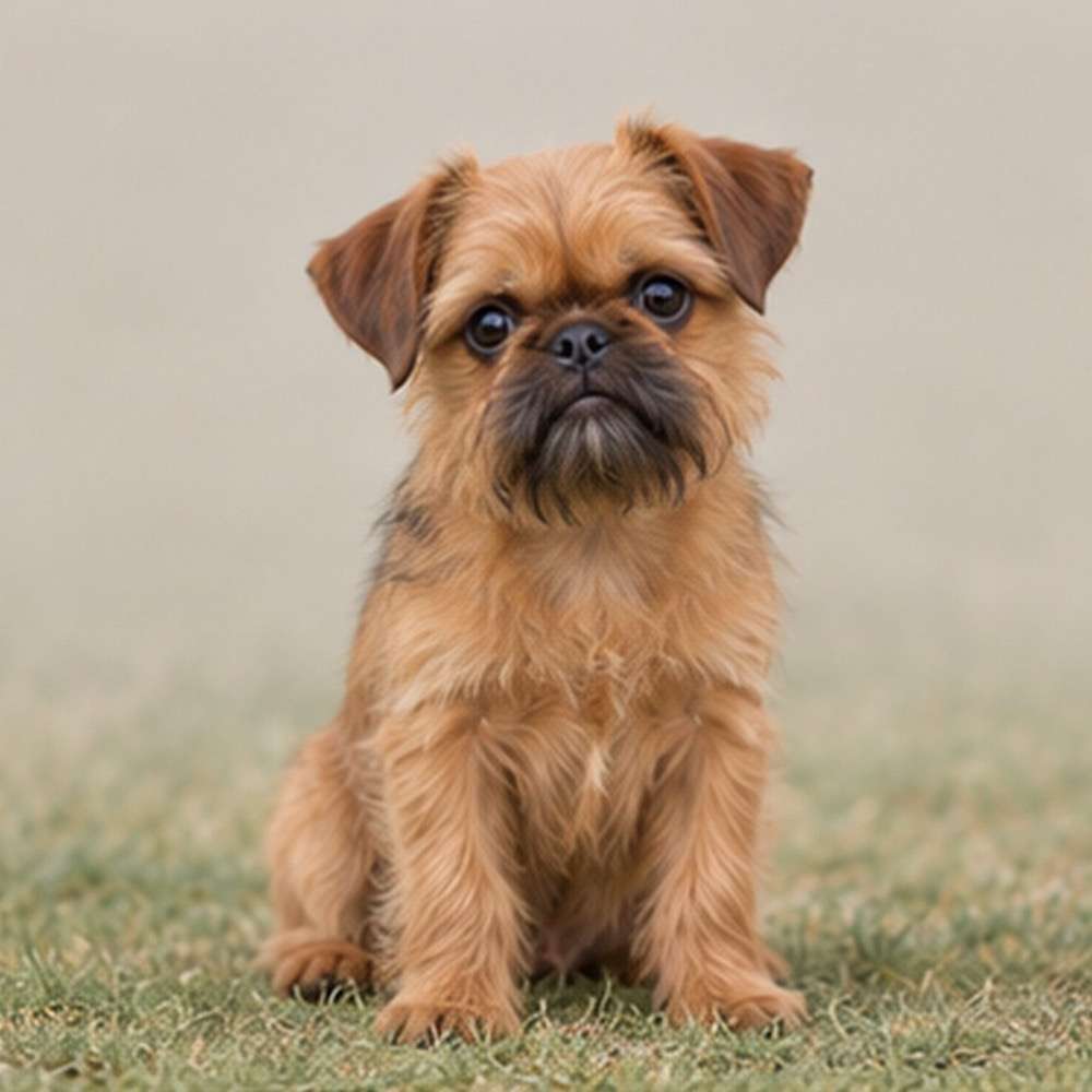 Small, scruffy dog with a short, reddish-brown coat, alert expression