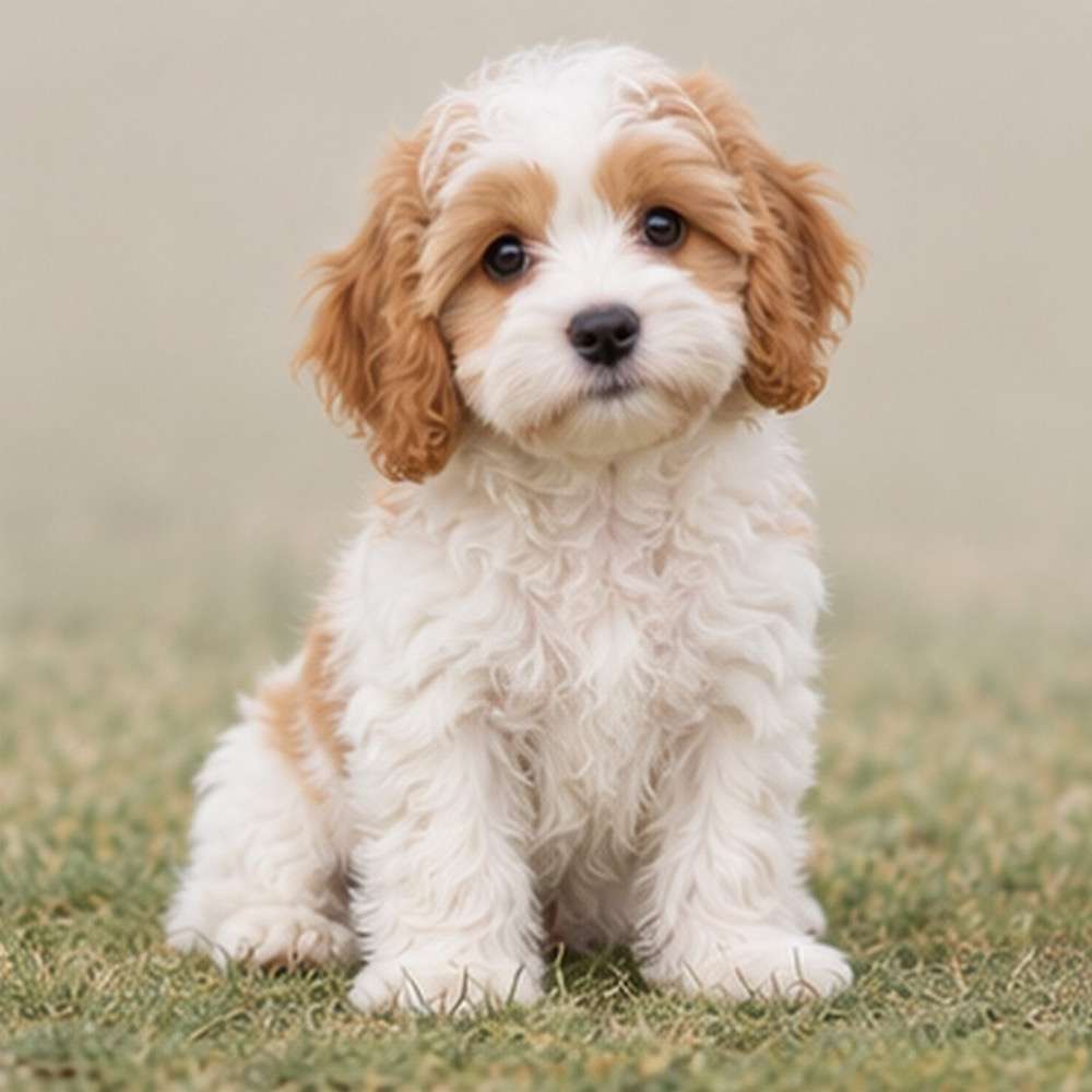 Fluffy, cream-colored dog with light brown spots sitting playfully on grass