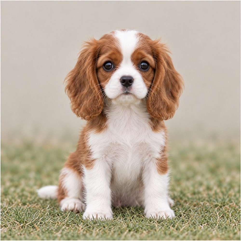 Fluffy Cavalier with a silky coat, sitting gracefully with big expressive eyes