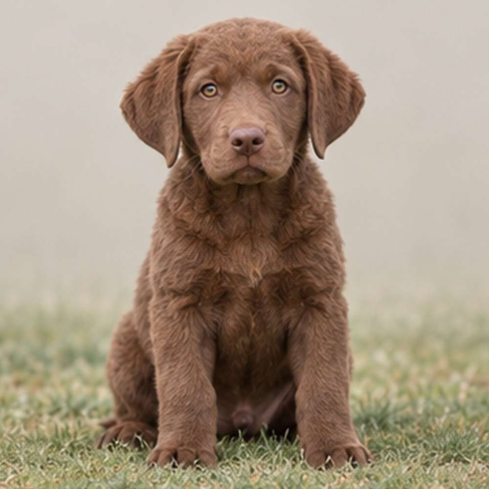 A brown, water-resistant coat covers a muscular dog standing proudly by the water