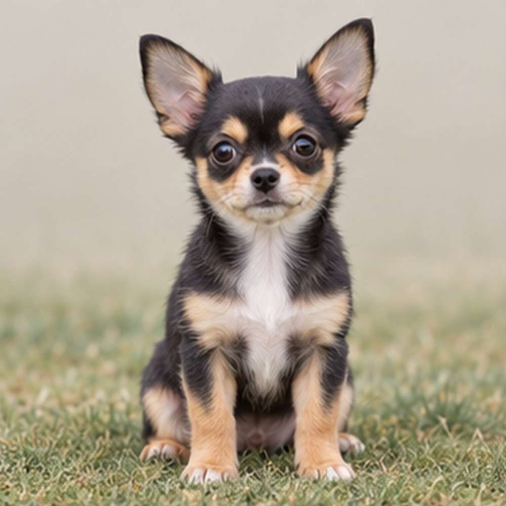 Small tan Chihuahua with large ears, sitting confidently on a soft blanket