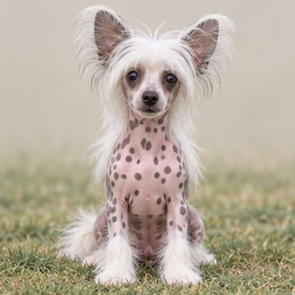 Small, hairless dog with a mottled coat, perky ears, and lively stance