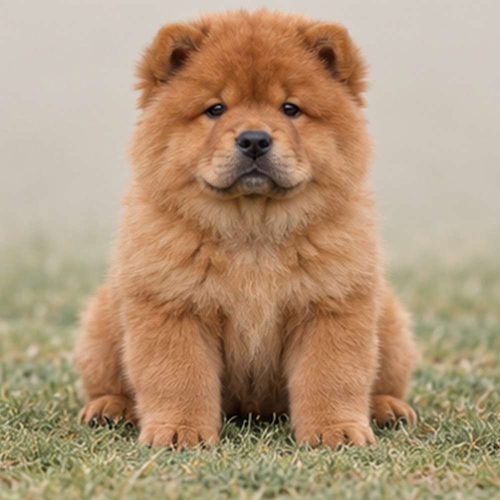 Fluffy orange coat, broad head, and curly tail in a standing pose