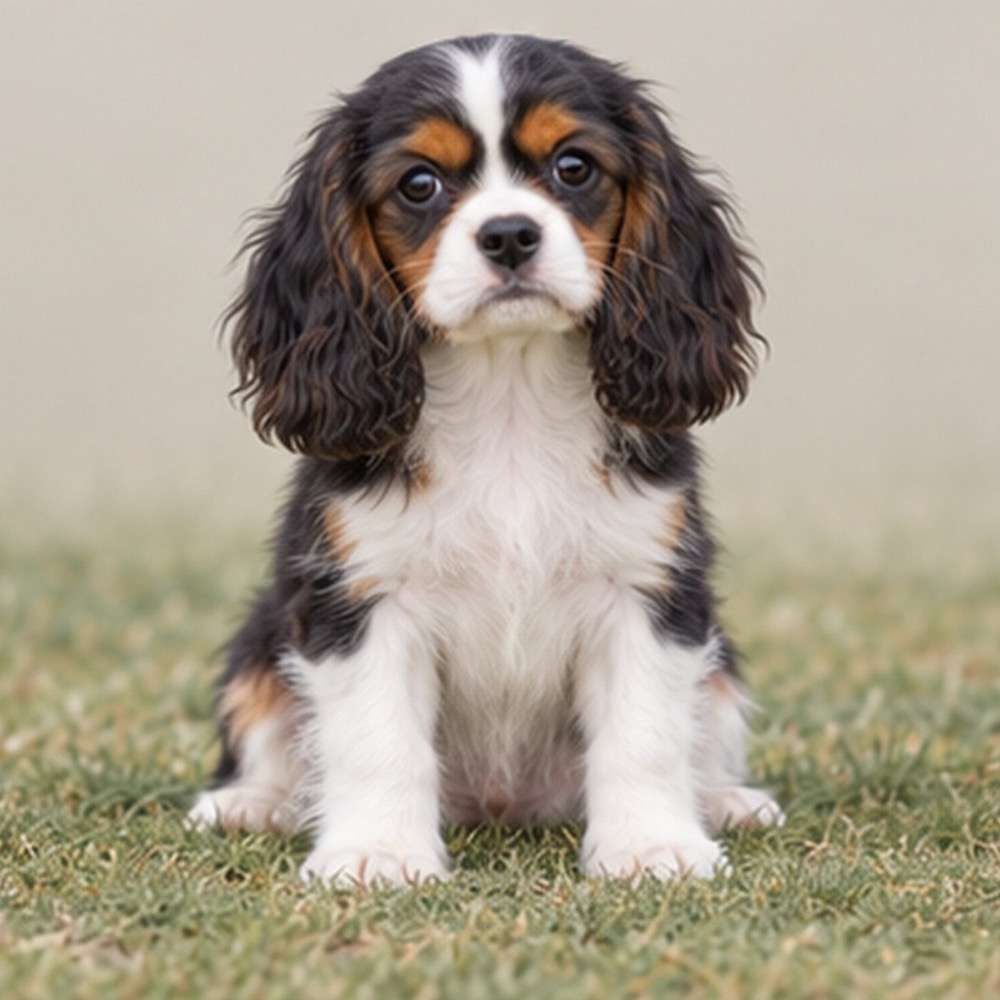 Small, fluffy dog with a curly coat, cheerful expression, and playful stance