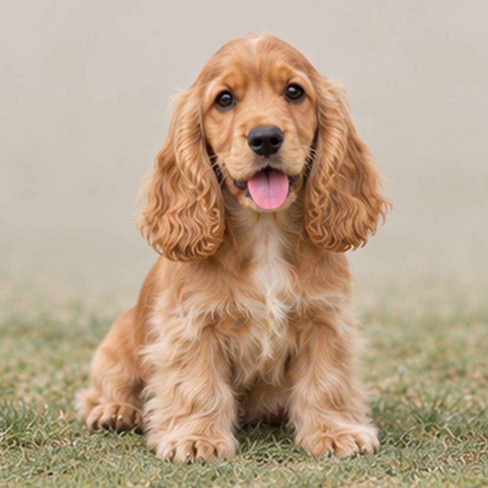 Golden and white Cocker Spaniel sitting gracefully with a happy expression
