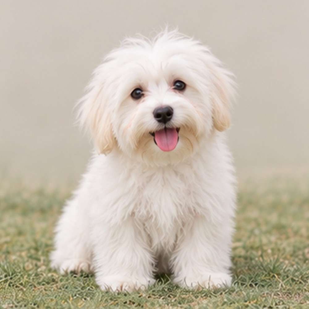 Fluffy, white coat dog standing playfully with a happy expression