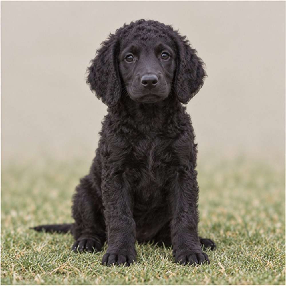 Curly-coated dog with dense, water-resistant curls, standing proudly in a grassy field