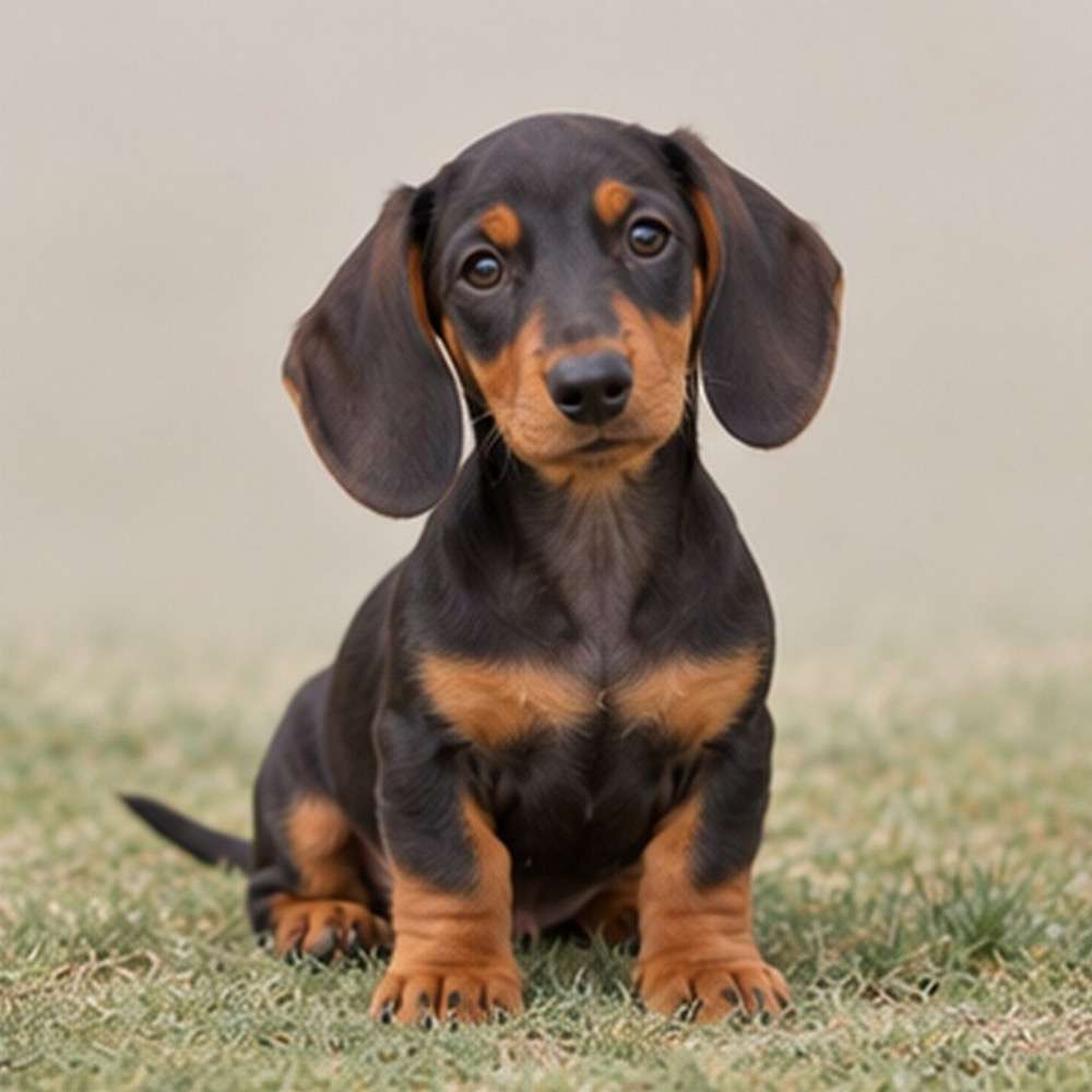 Long-bodied, short-legged dog with a smooth coat, looking playfully inquisitive