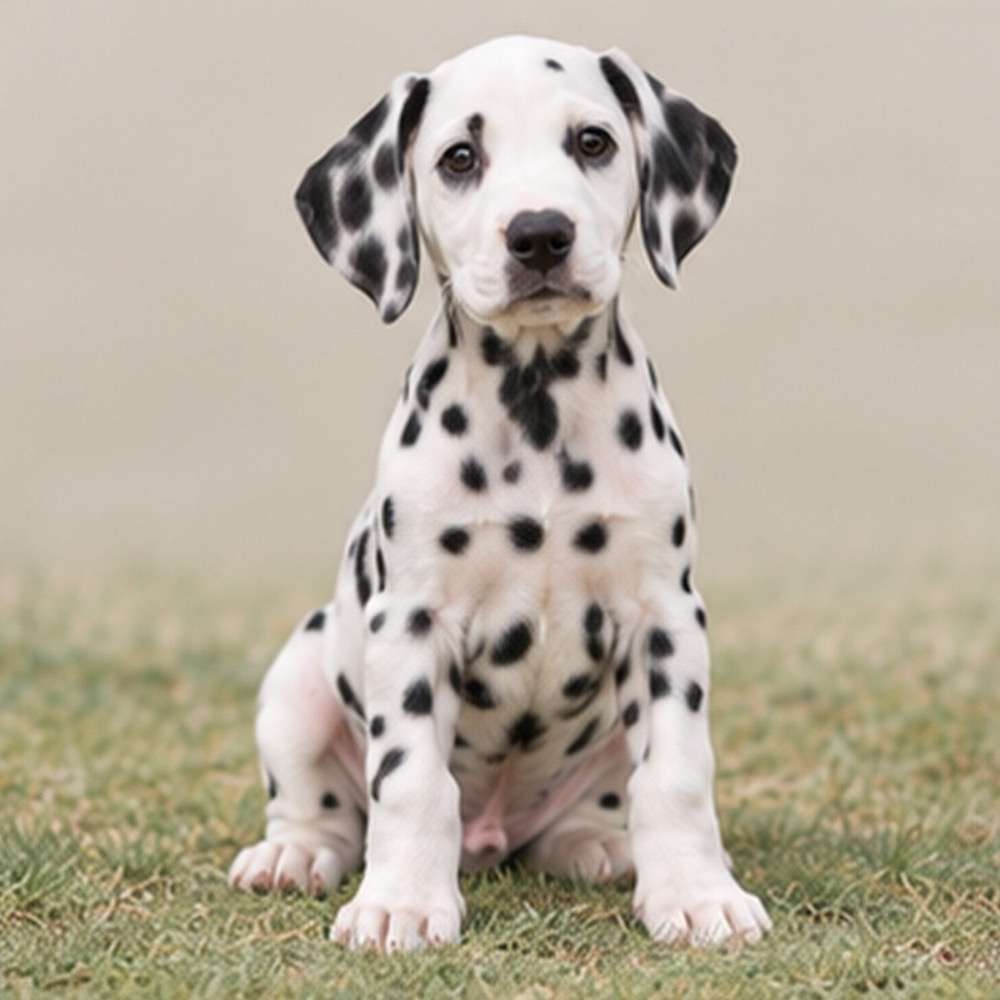 Spotted white coat, alert posture, standing outdoors with a playful expression