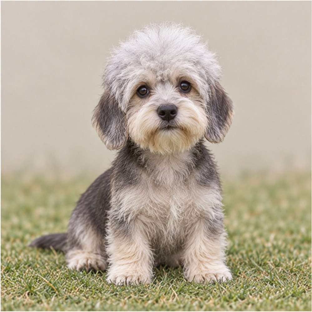 Fluffy, tan and white dog with a distinctive topknot, standing proudly