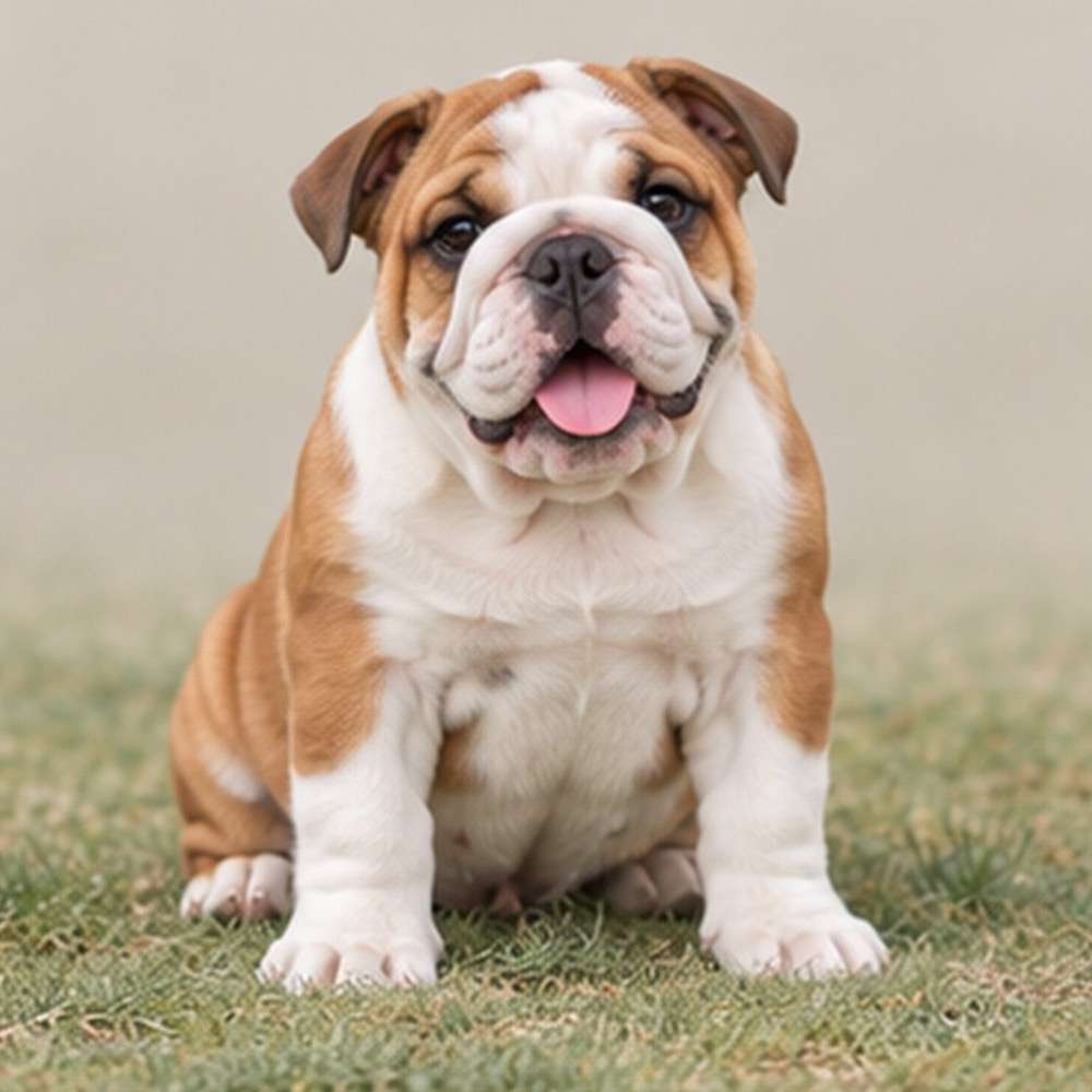 Brindle English Bulldog standing proudly, with a wrinkled face and short coat