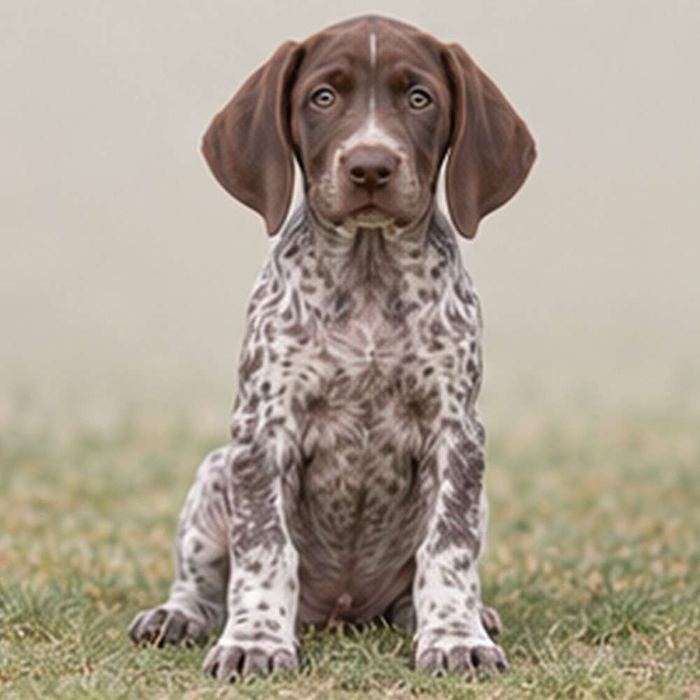 Lively brown and white spotted dog standing in a grassy field