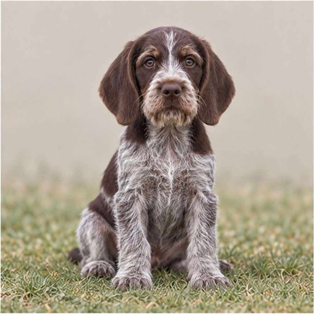 Brown and white-coated dog with a wiry coat, standing proudly outdoors