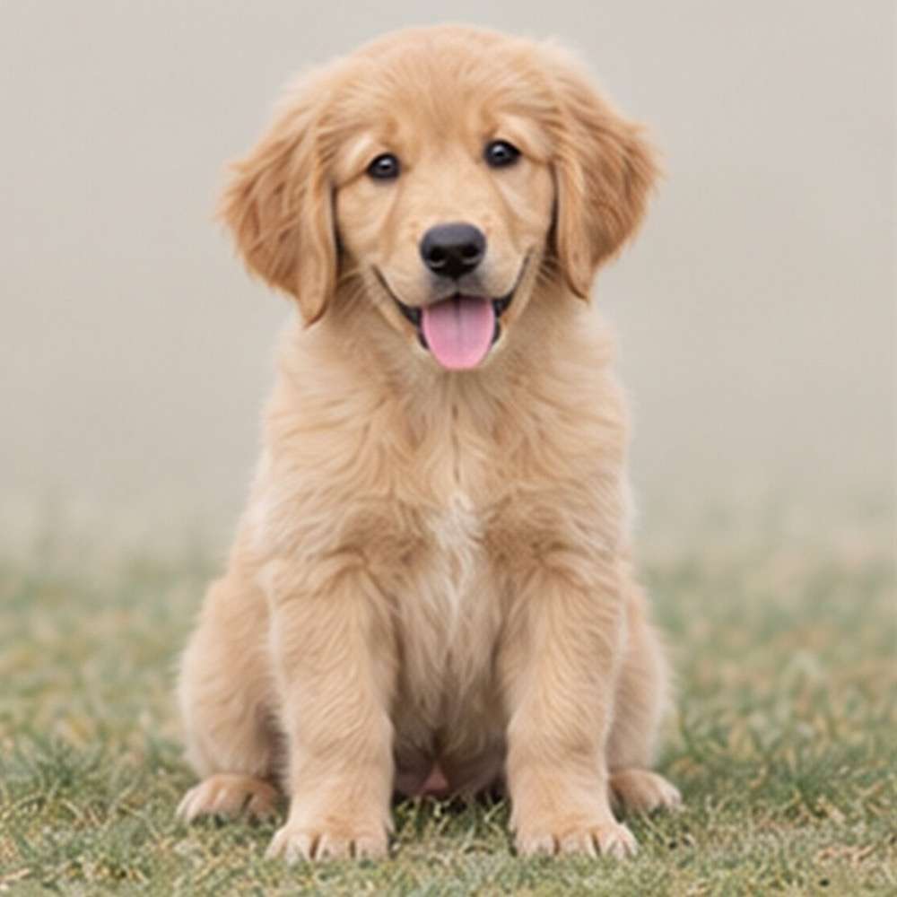 Golden Retriever with a wavy golden coat, sitting happily outdoors