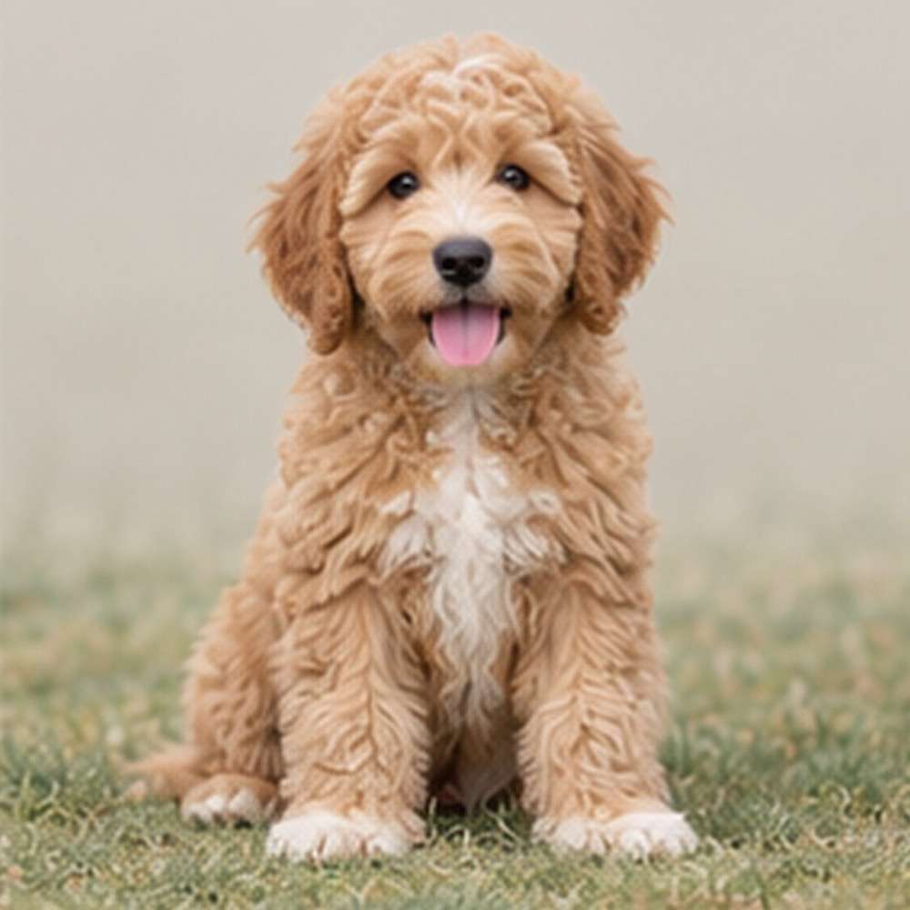 Fluffy golden coat, playful pose, alert expression, and wavy fur texture
