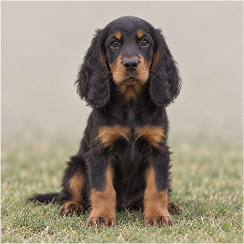 A glossy black and tan Gordon Setter standing proudly in a grassy field