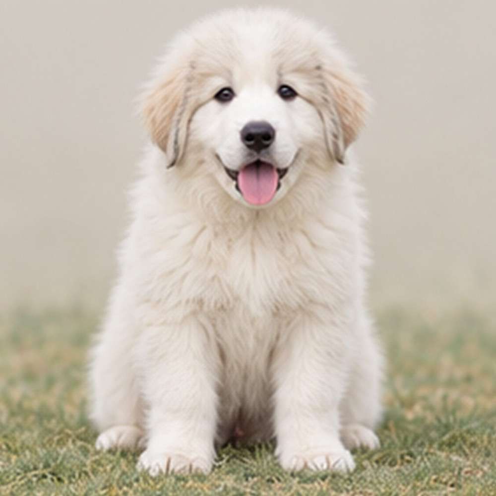 Fluffy white dog standing proudly in a grassy field, looking alert