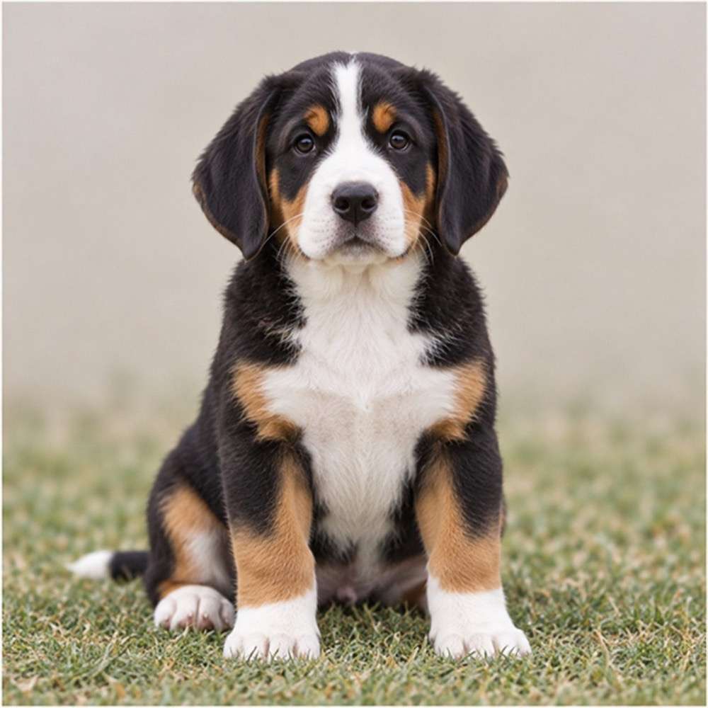 Large tricolor dog with a thick coat, standing proudly in a field