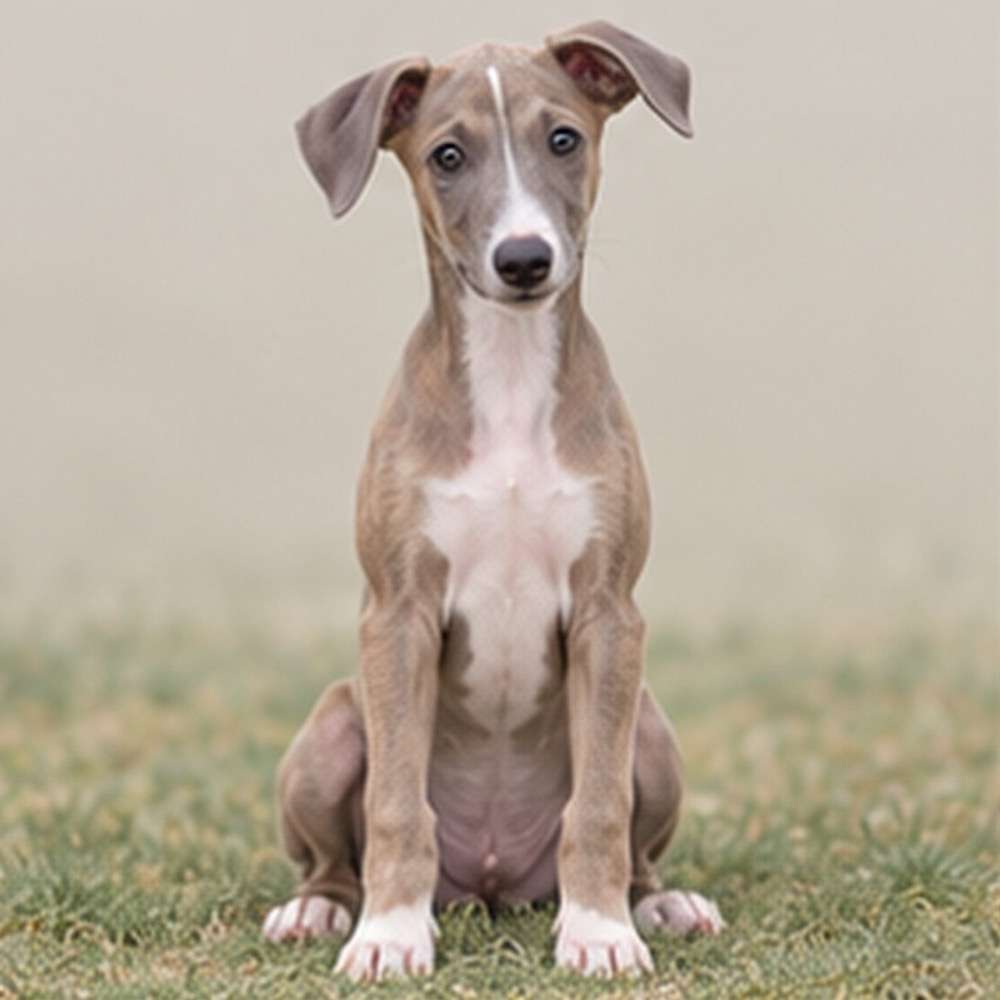 Sleek greyhound standing gracefully on grass, with short, smooth coat