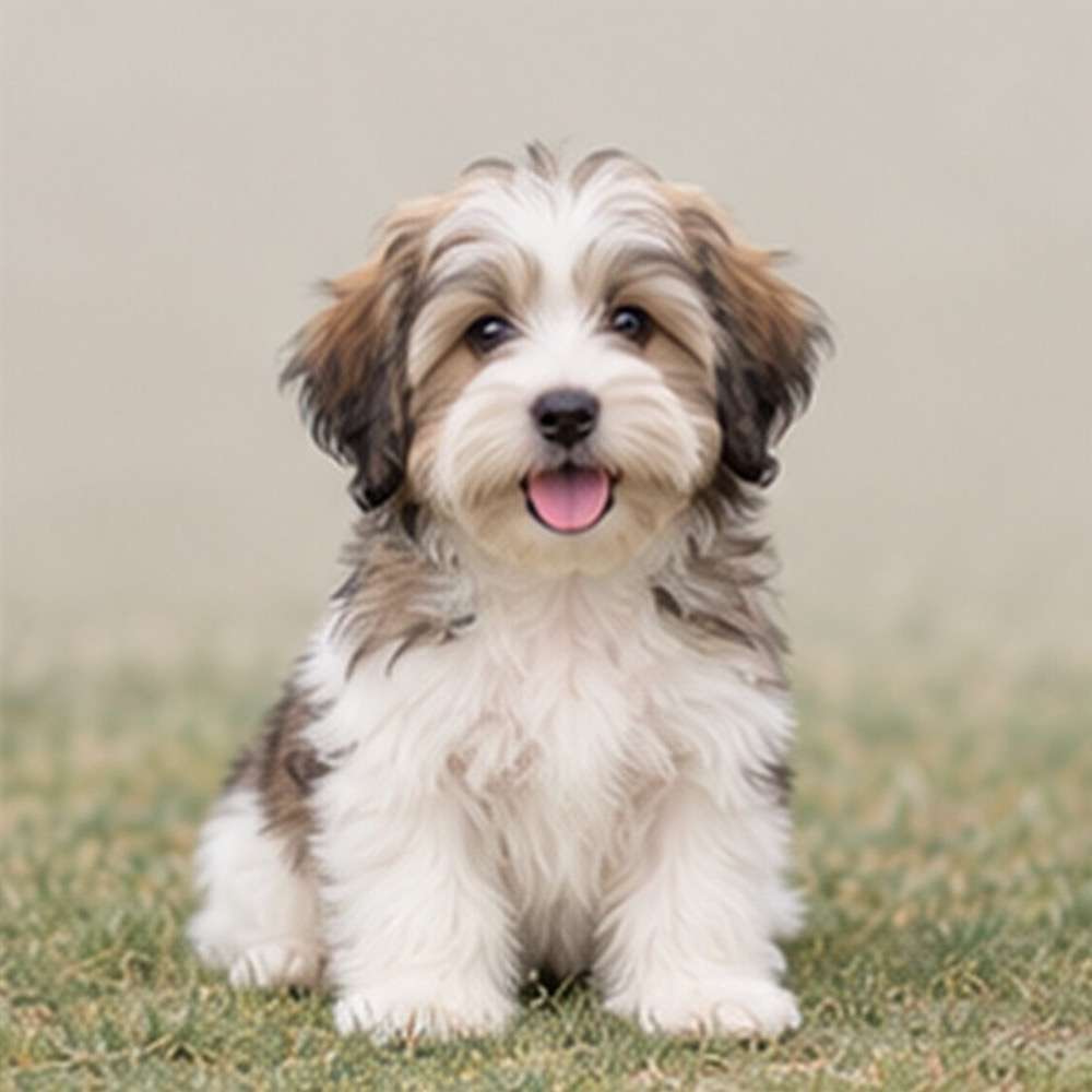 Fluffy, white and tan Havanese standing on grass with a playful expression