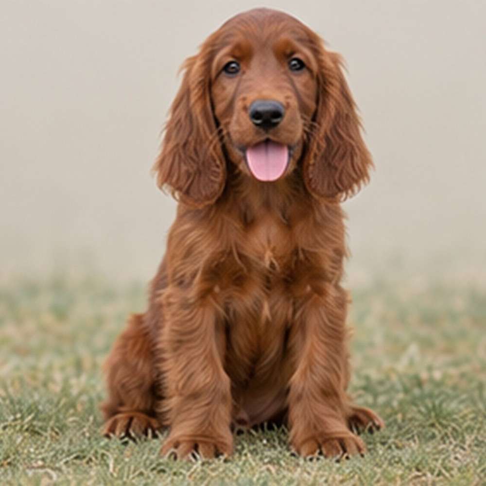 A tall, red-haired dog standing proudly with a shiny coat