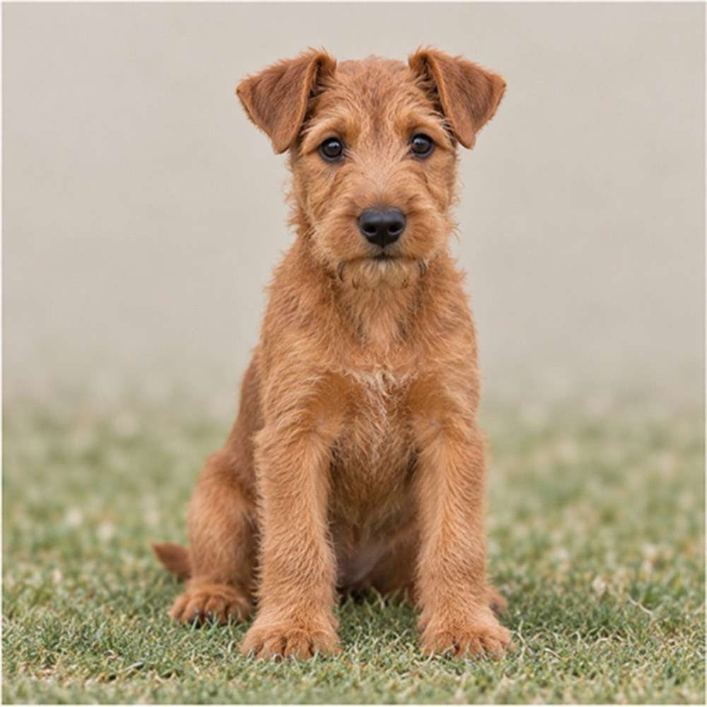 Red, wiry coat dog standing alert with a confident posture