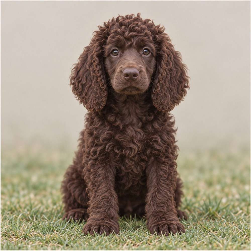Dark chestnut curly coat dog standing proudly by a lake