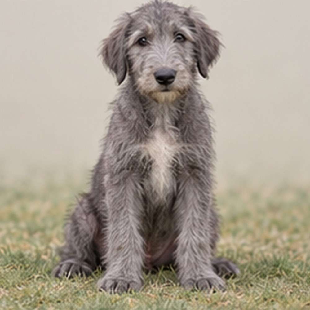 Tall, grey, shaggy dog standing proudly with a gentle expression