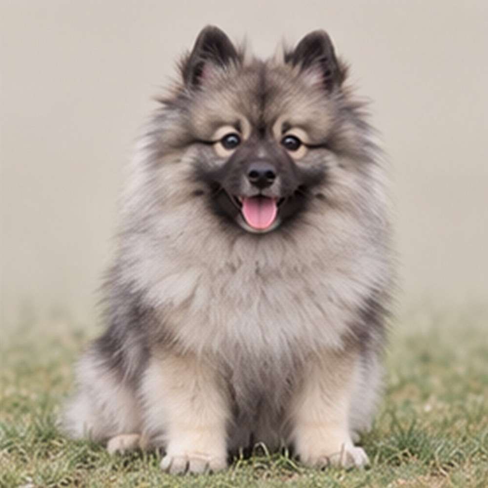 Fluffy gray and black dog with a bushy tail, sitting proudly