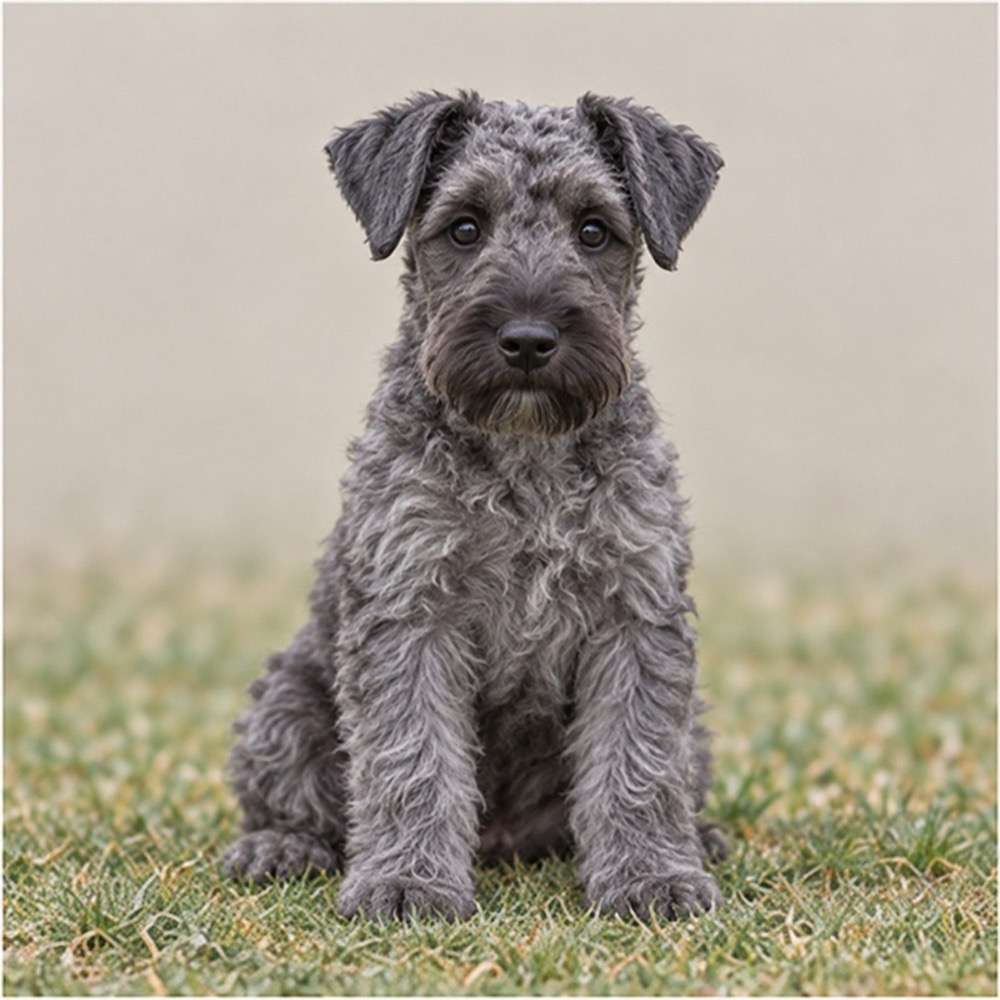 Kerry Blue Terrier with curly blue-gray coat, standing proudly in a grassy field
