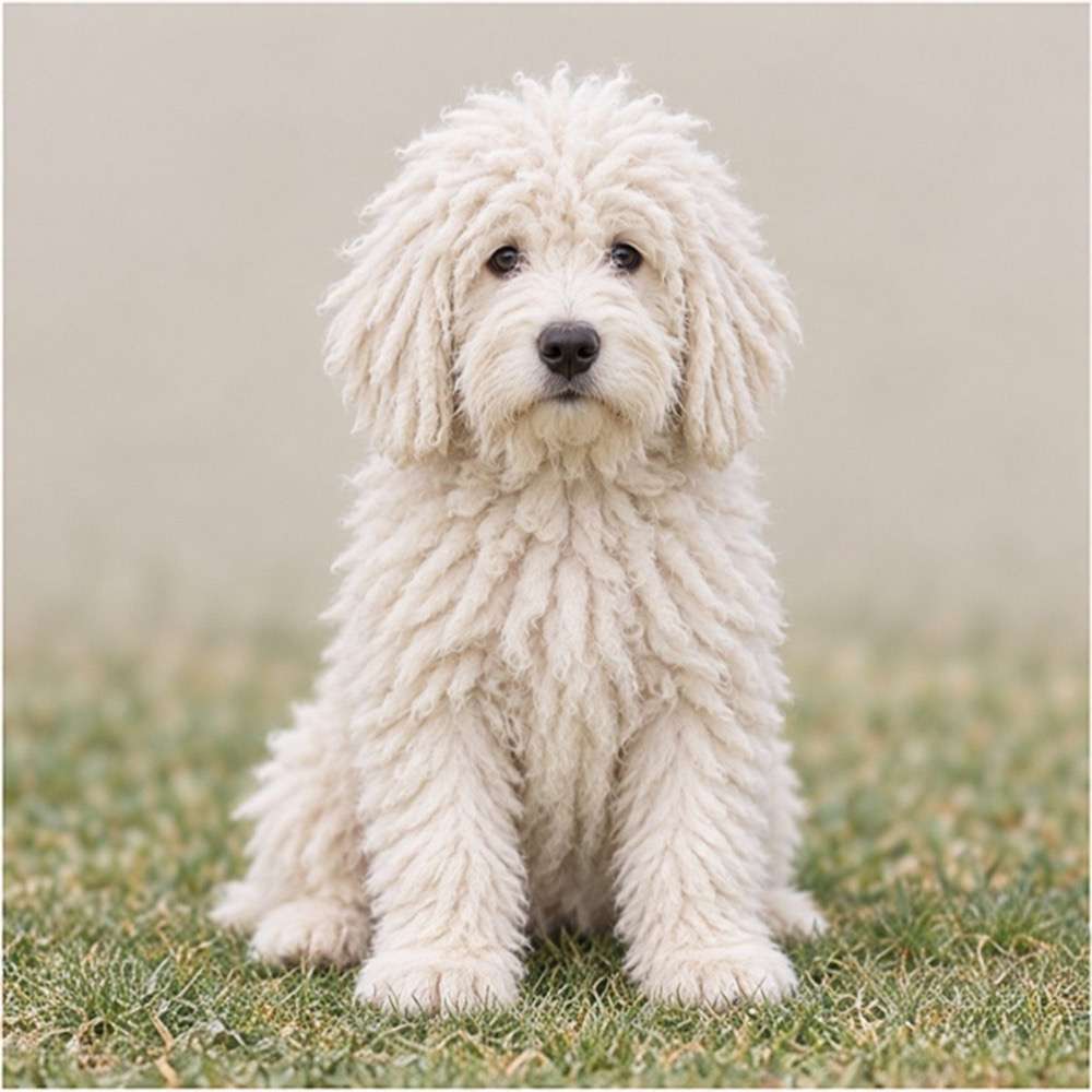 Large, fluffy dog with long, corded white coat, standing proudly outdoors