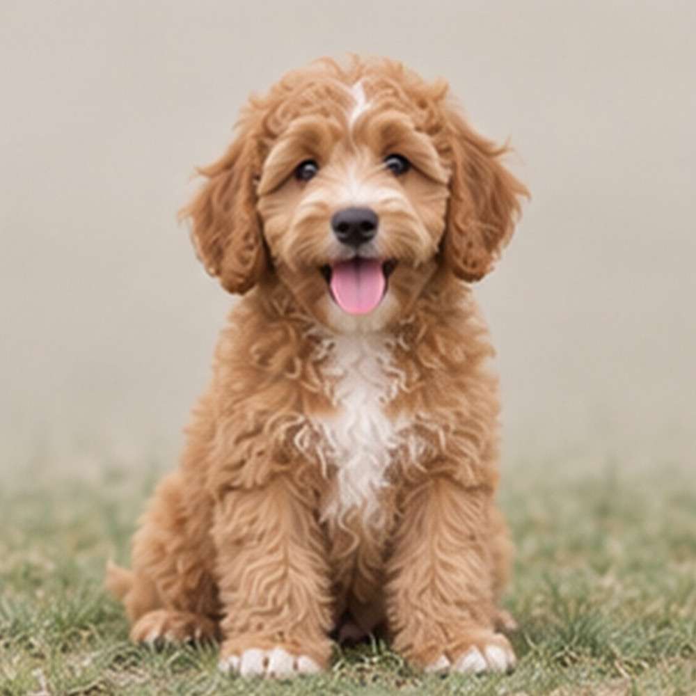Fluffy, light brown dog with curly coat, sitting attentively in a grassy field