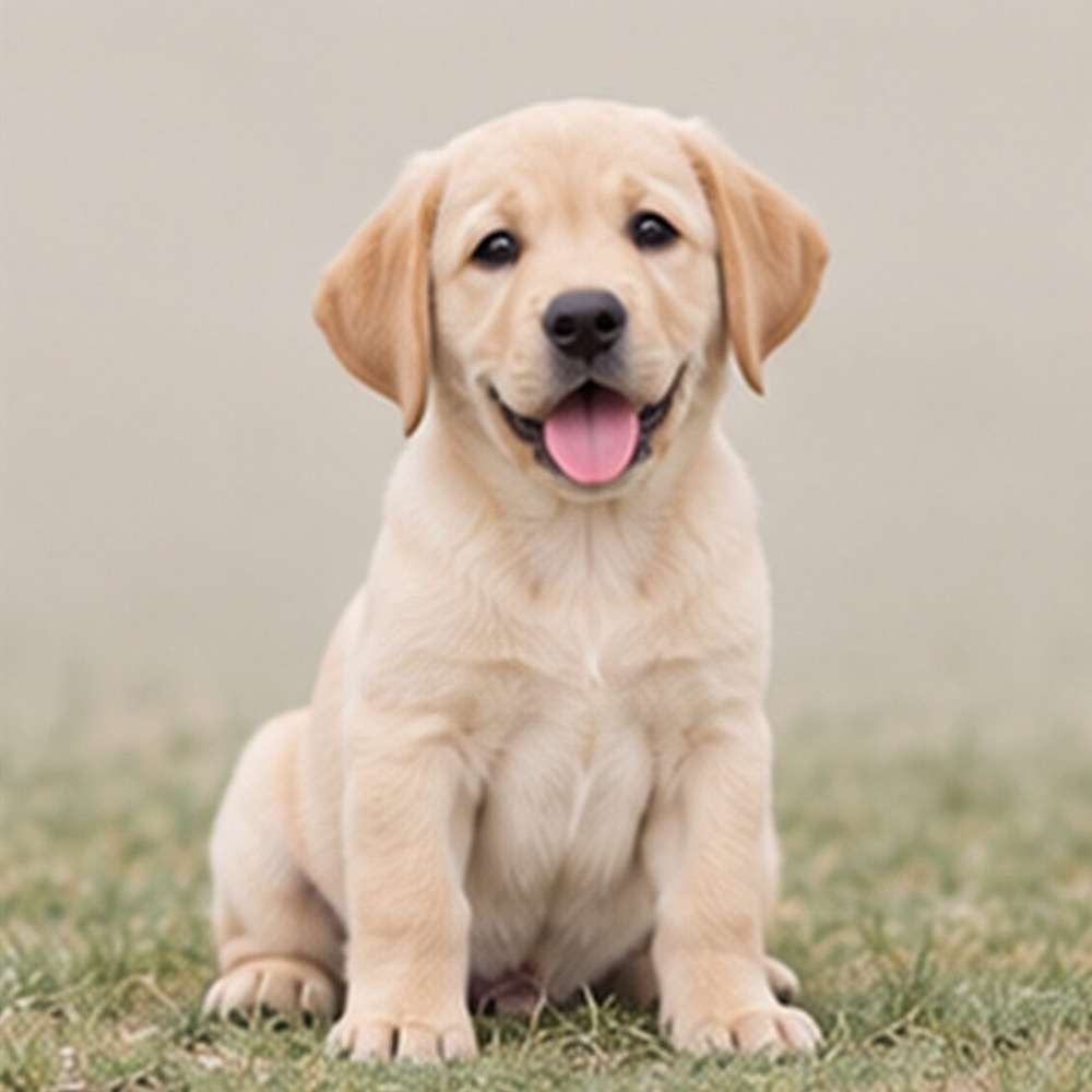 Yellow Labrador retriever sitting on grass, looking alert and friendly