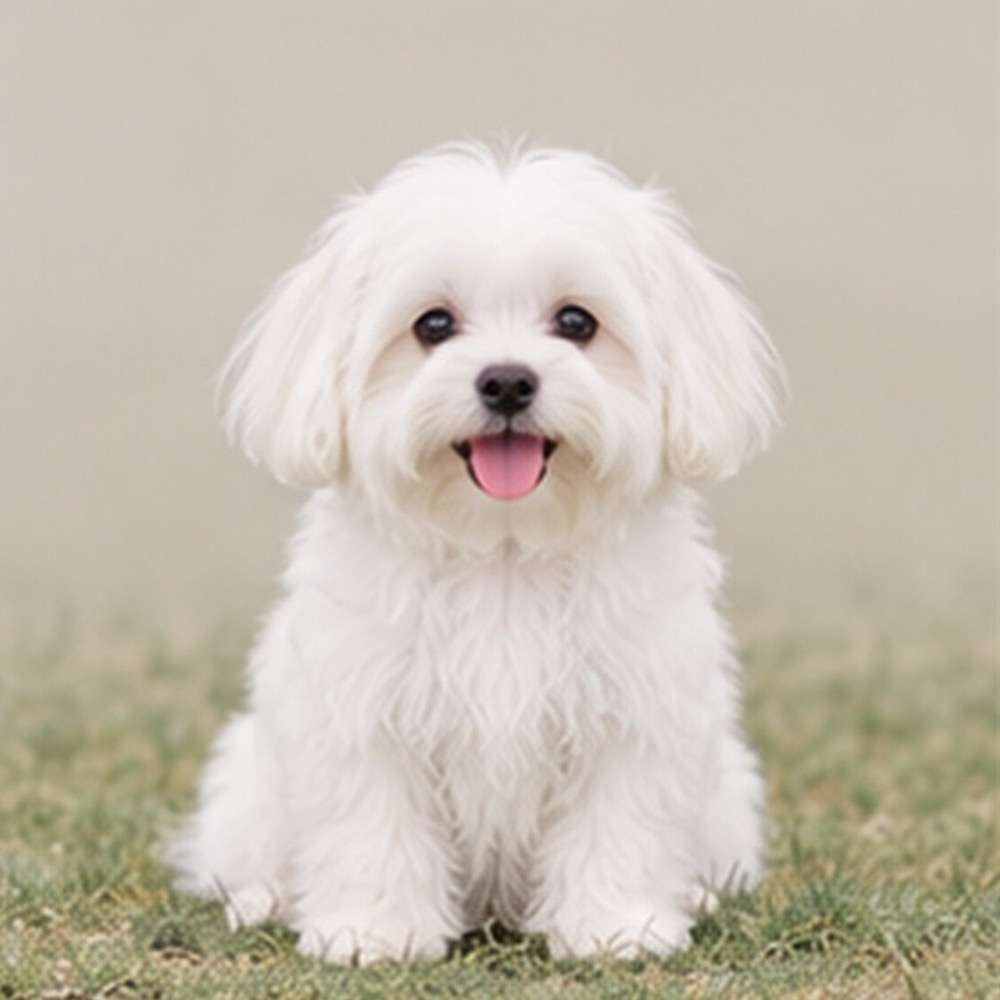 Fluffy white coat, small stature, standing alert with bright eyes