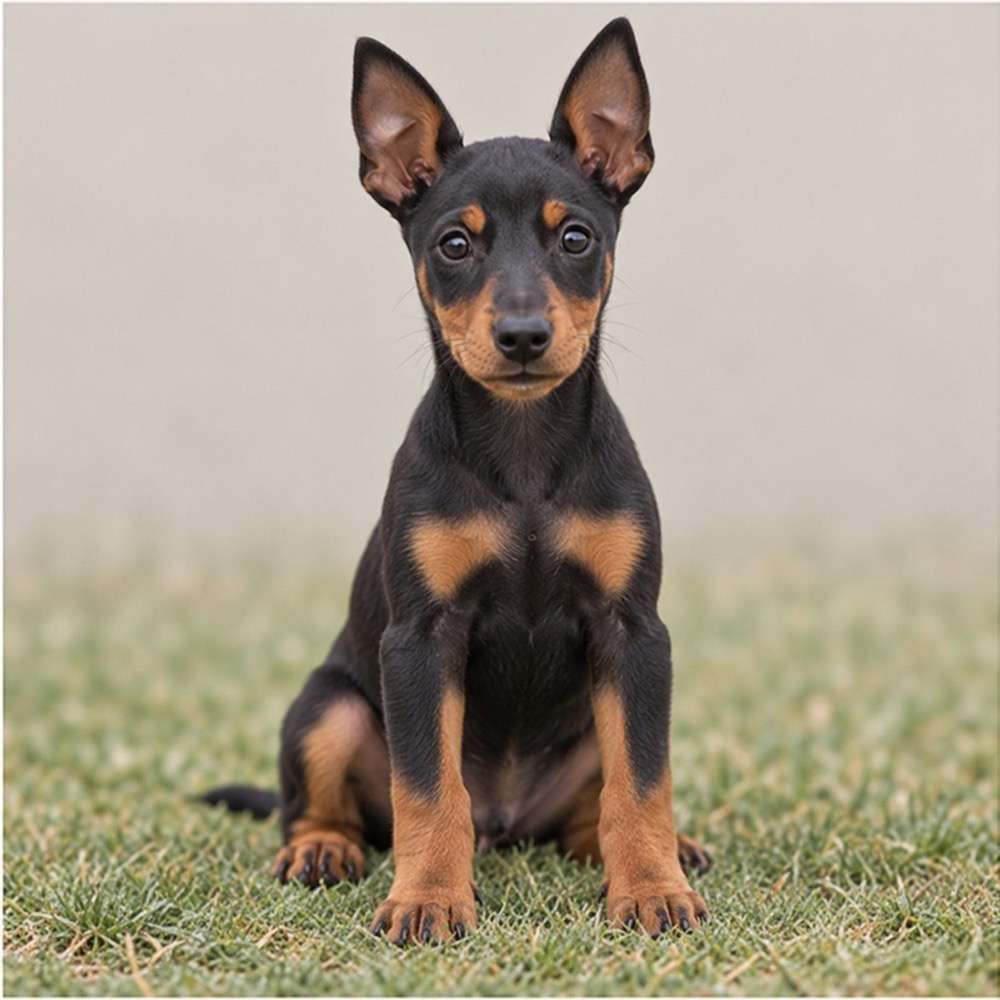 Black and tan dog standing proudly with alert expression and sleek coat